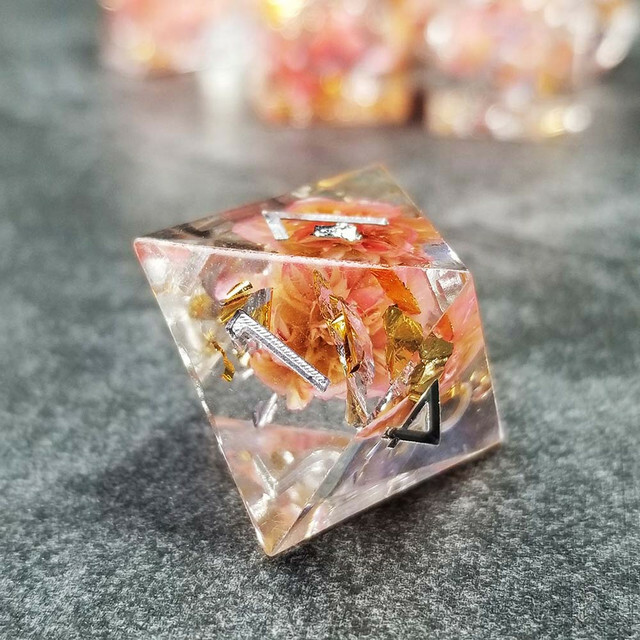 Sage’s Enchanted Flower Pink Sharp Edge Resin Polyhedral Dice Set DnD