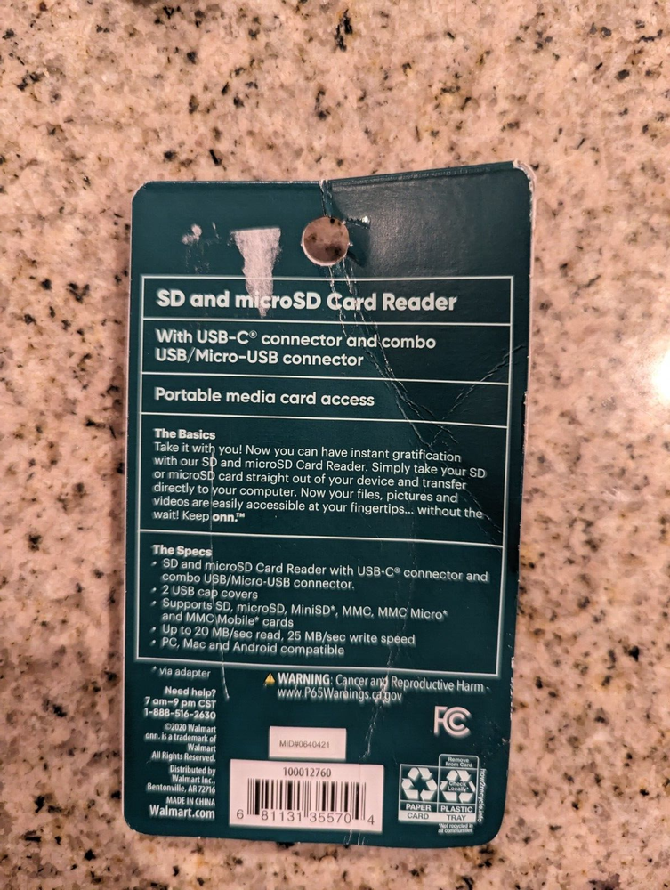 ONN SD microSD Card Reader Combo USB USB-C & Micro-USB Connector