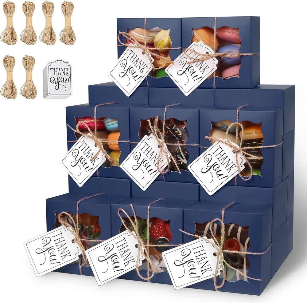 60 Blue Bakery Boxes with Window – Elegant Cupcake & Cookie Gift Boxes 4x4x2.5