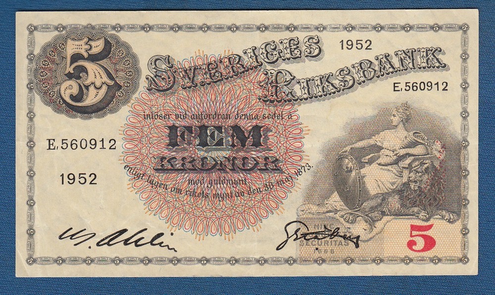 Sweden Banknotes 5 Kronor 1952. Rarre !