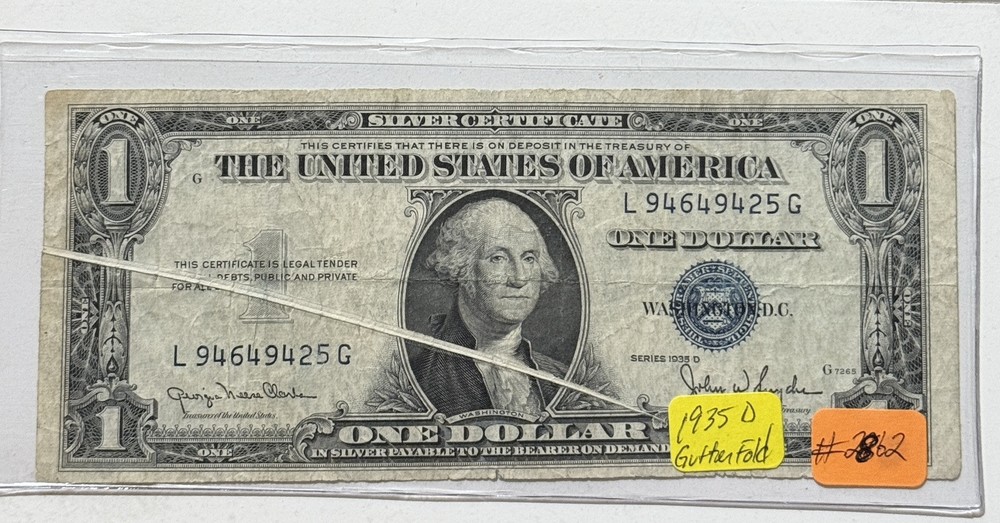 1935D $1 ONE DOLLAR SILVER CERTIFICATE “MAJOR GUTTER FOLD ERROR” Fold Covers 75%