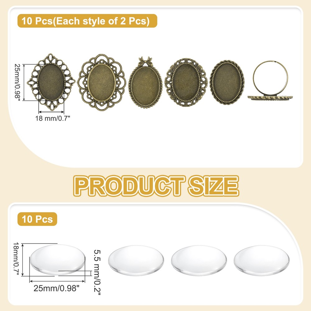 10Pcs Metal Ring Base, 18mm Ring Blank Base with 10Pcs Cabochon(Multicolor)