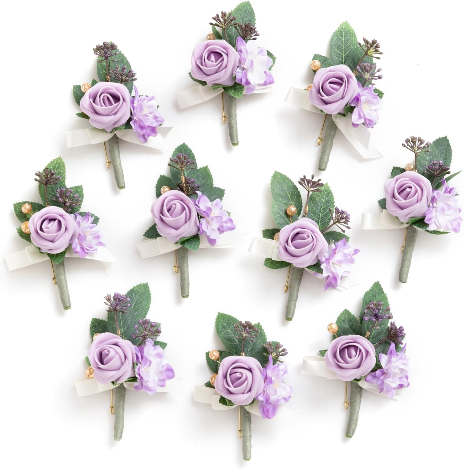 Ling's Moment Boutonniere for Men, 10pcs Groomsmen Guest Boutonniere, Lilac