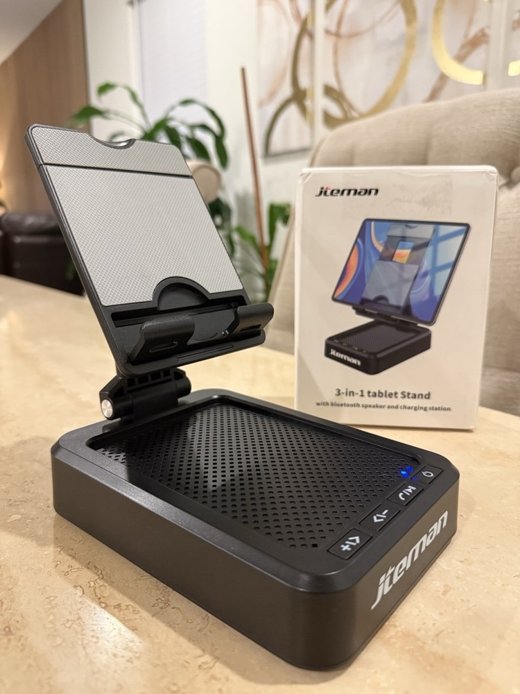 Jteman L39 Tablet Stand with Wireless Bluetooth Speaker, Desk Mic, Black.