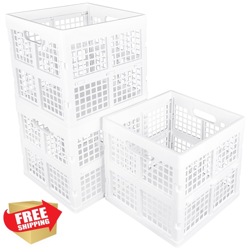 Eslite 3-pack collapsible plastic storage crates, 16L white, foldable