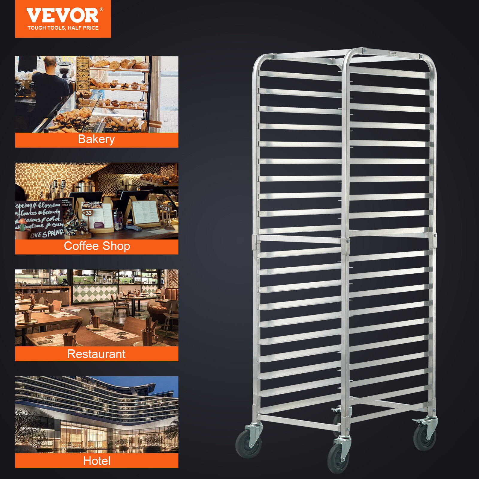 VEVOR 20 Sheet Commercial Bun Pan Rack Kitchen Aluminum Baking Racks Brake Wheel