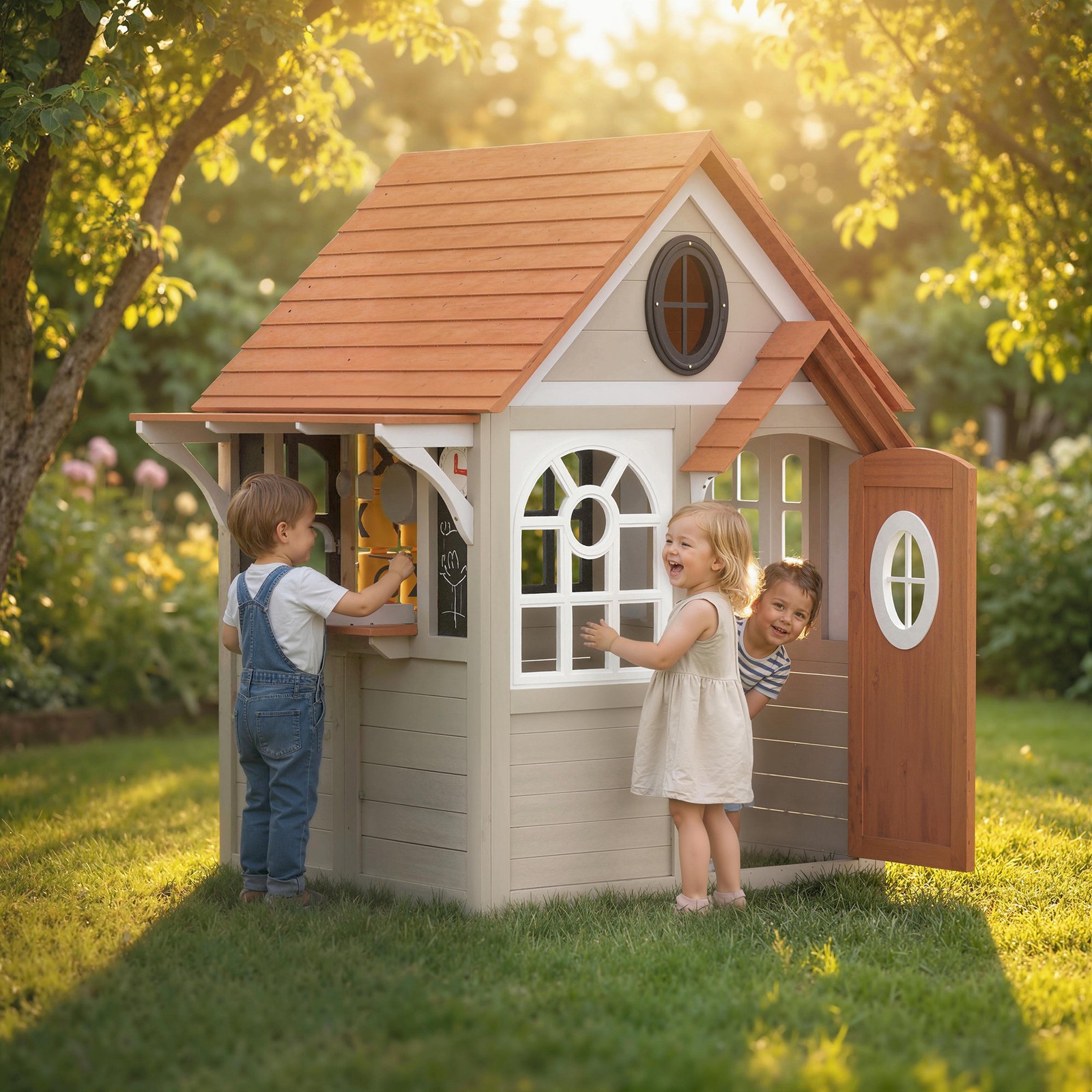 Qaba Outdoor Wooden Playhouse with Dog Door, Cookware, Blackboard, Clock