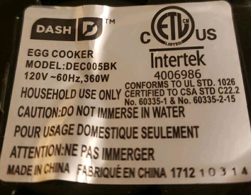 DASH Rapid Egg Cooker Electric 6 Egg Capacity DEC005BK Replacement Base Only