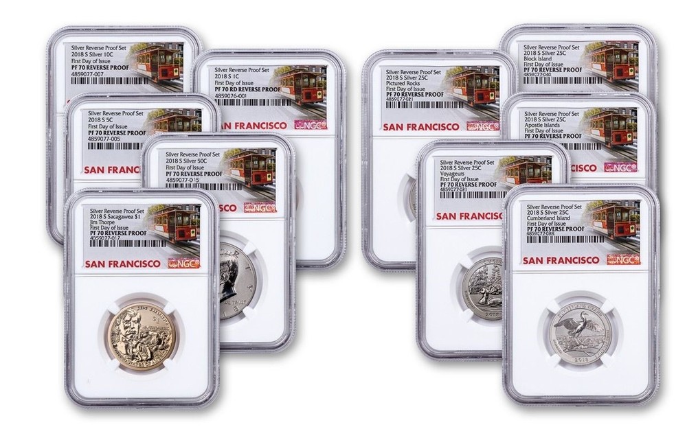 2018-S U.S. Silver Reverse Proof Set 10pc NGC PF70 First Day Issue Trolley Label