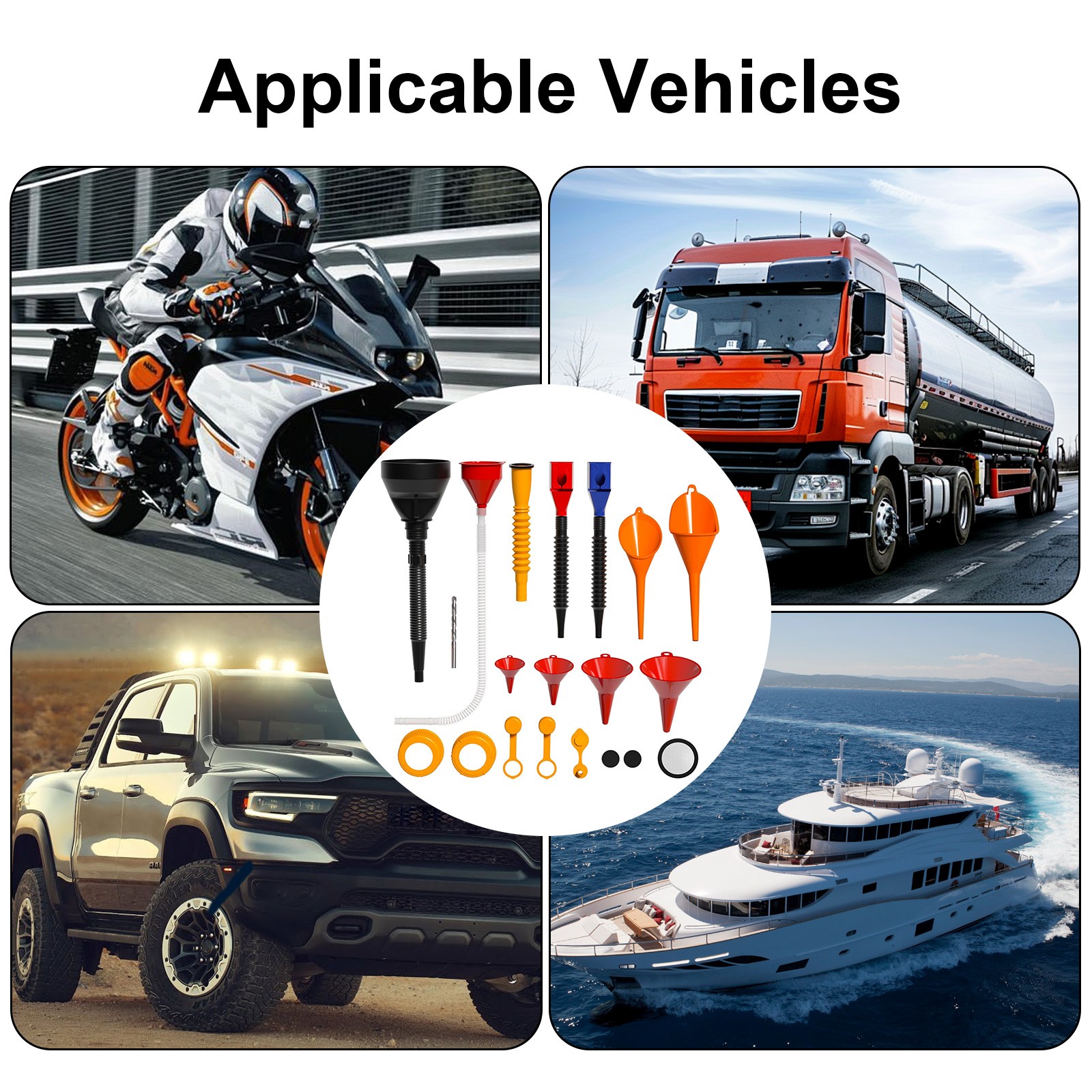 19 PCS Automotive Funnel Set w/ 9 Gas Can Spout Replacements Plastic Funnels Kit