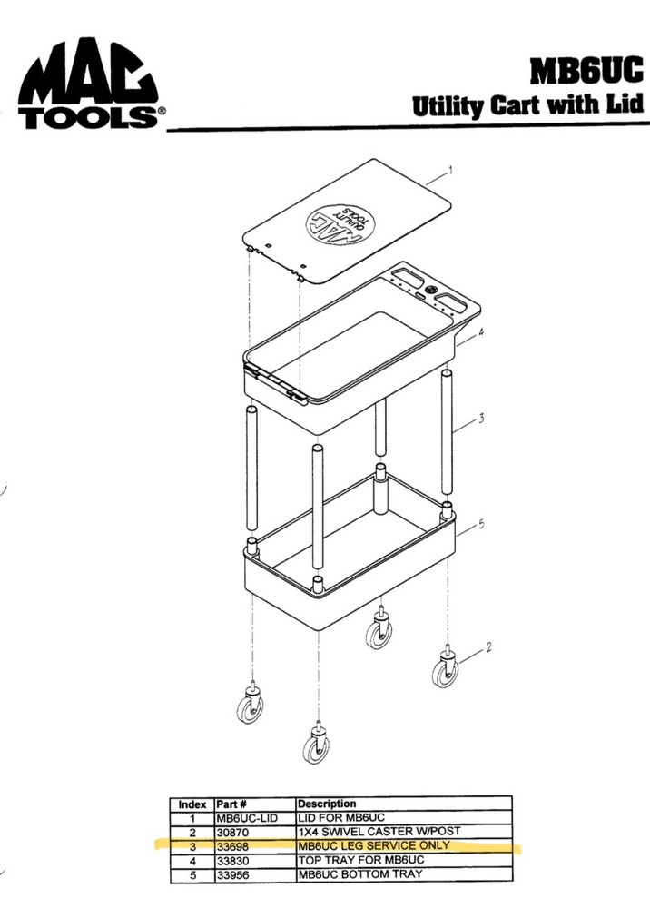 Leg For Mac Tools MB6UC Utility Cart - Part # 33698