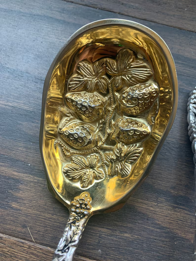 VINTAGE Neiman Marcus Strawberry and Grape Vine Spoon Set Godinger Silver Gold