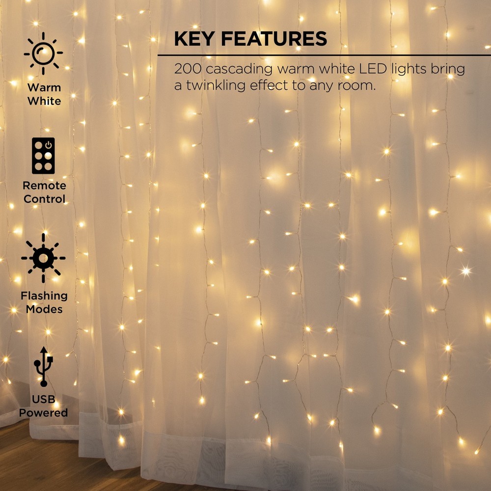 200-Count Warm White LED Curtain String Lights W/ Remote USB-Powered Indoor Use