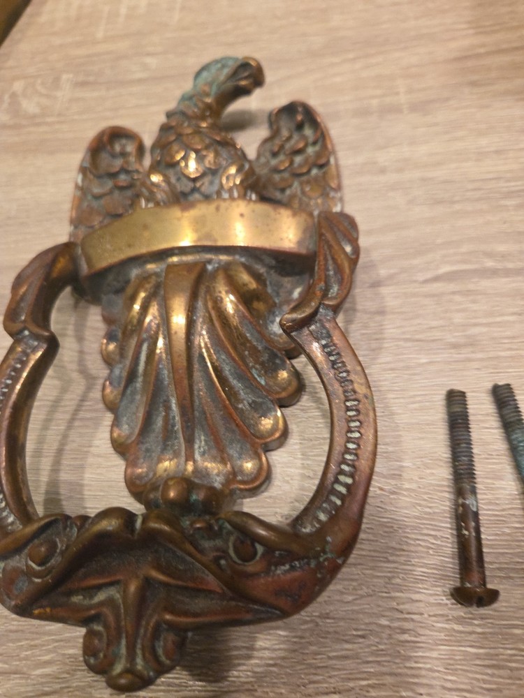 Ornate Solid Thick Brass Eagle Front Door Knocker Patina 9”