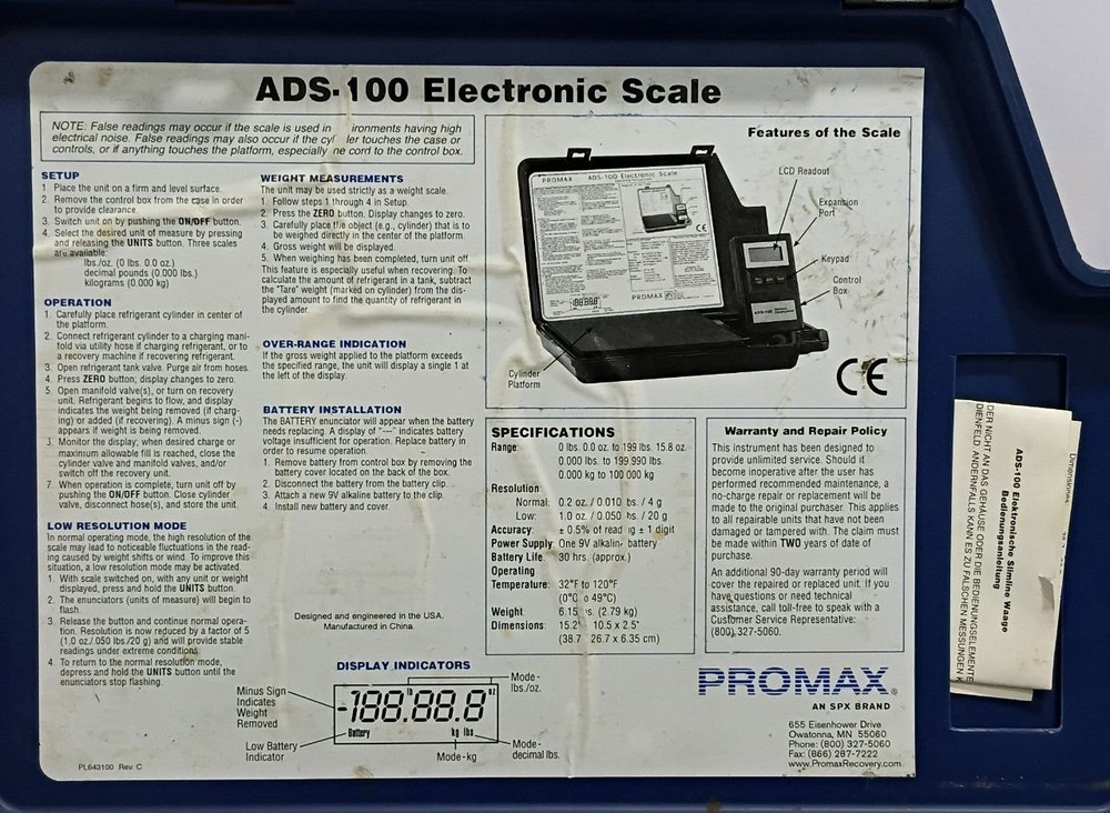 Promax ADS-100 Electronic Refrigerant Scale 9 Volt