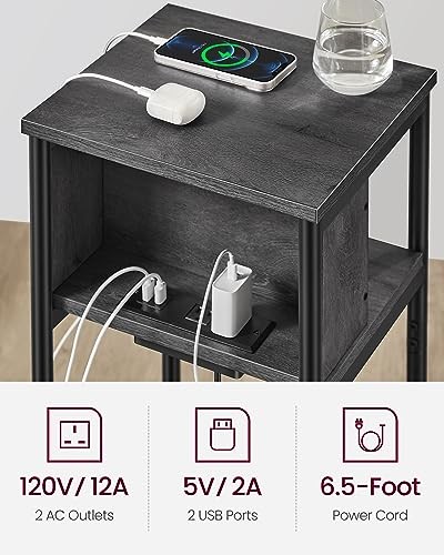 Side Table with Charging Station, 3-Tier End Table with USB Misty Gray + Black
