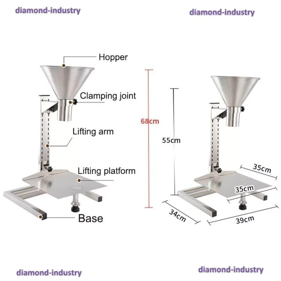 5cm-diameter stainless steel feeding hopper with a supporting frame