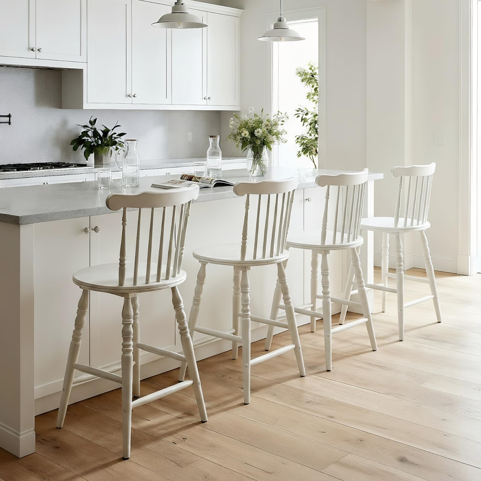 24" White Windsor Counter Height Bar Stools Set of 3, Farmhouse Wooden Counter