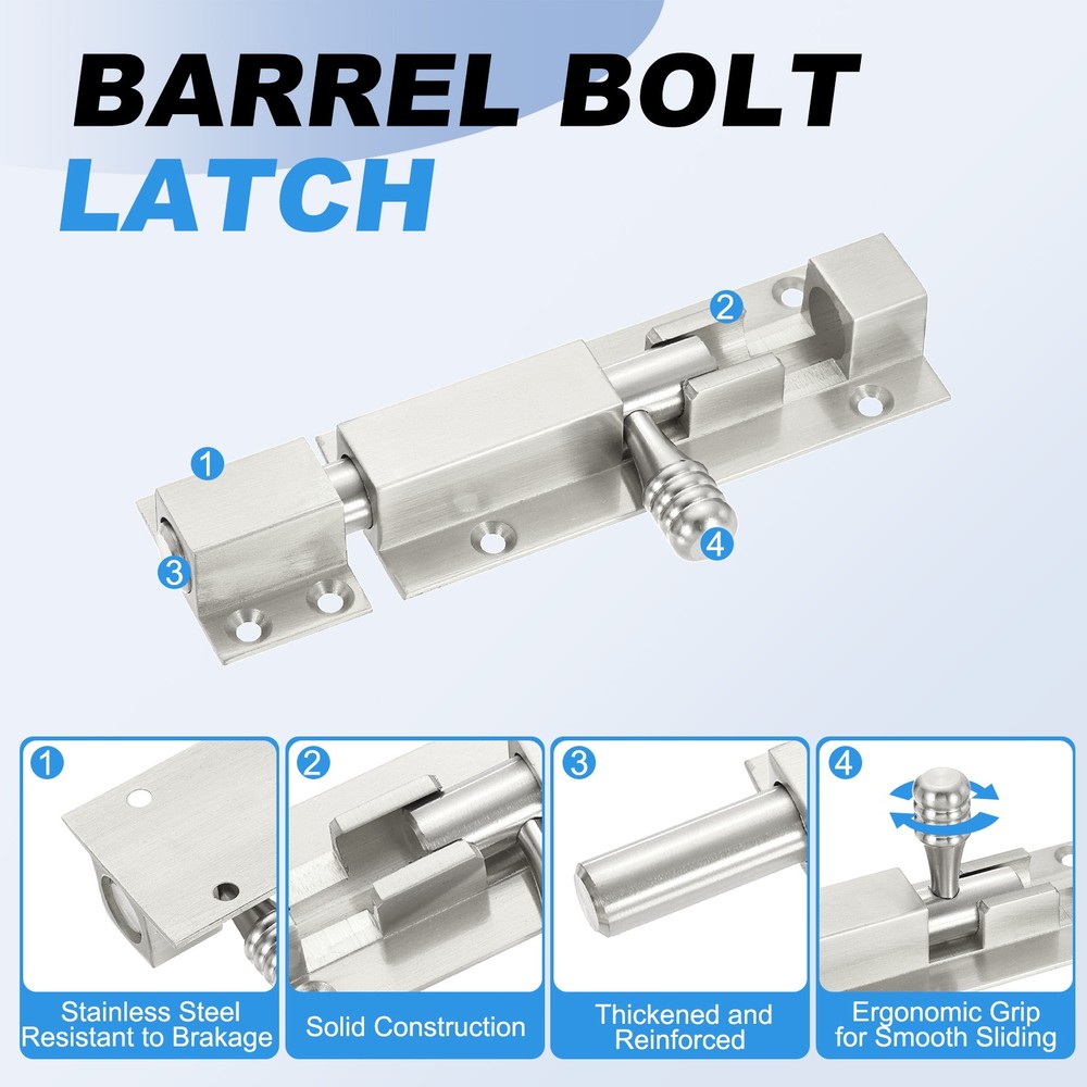 Barrel Bolt Latch, 4" Door Security Slide Latch Locks, Brushed Silver