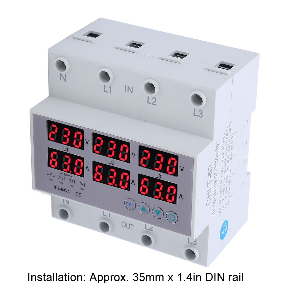 3Phase DIN Rail Voltmeter Ammeter Automatic Overvoltage Overcurrent Protector63A