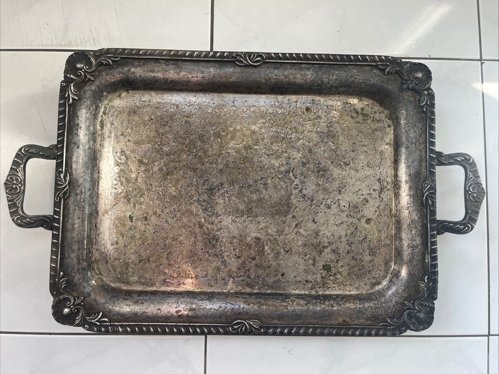 Antique Silver Plated Serving Tray 19” x 11.5” Handled Footed Scroll Work