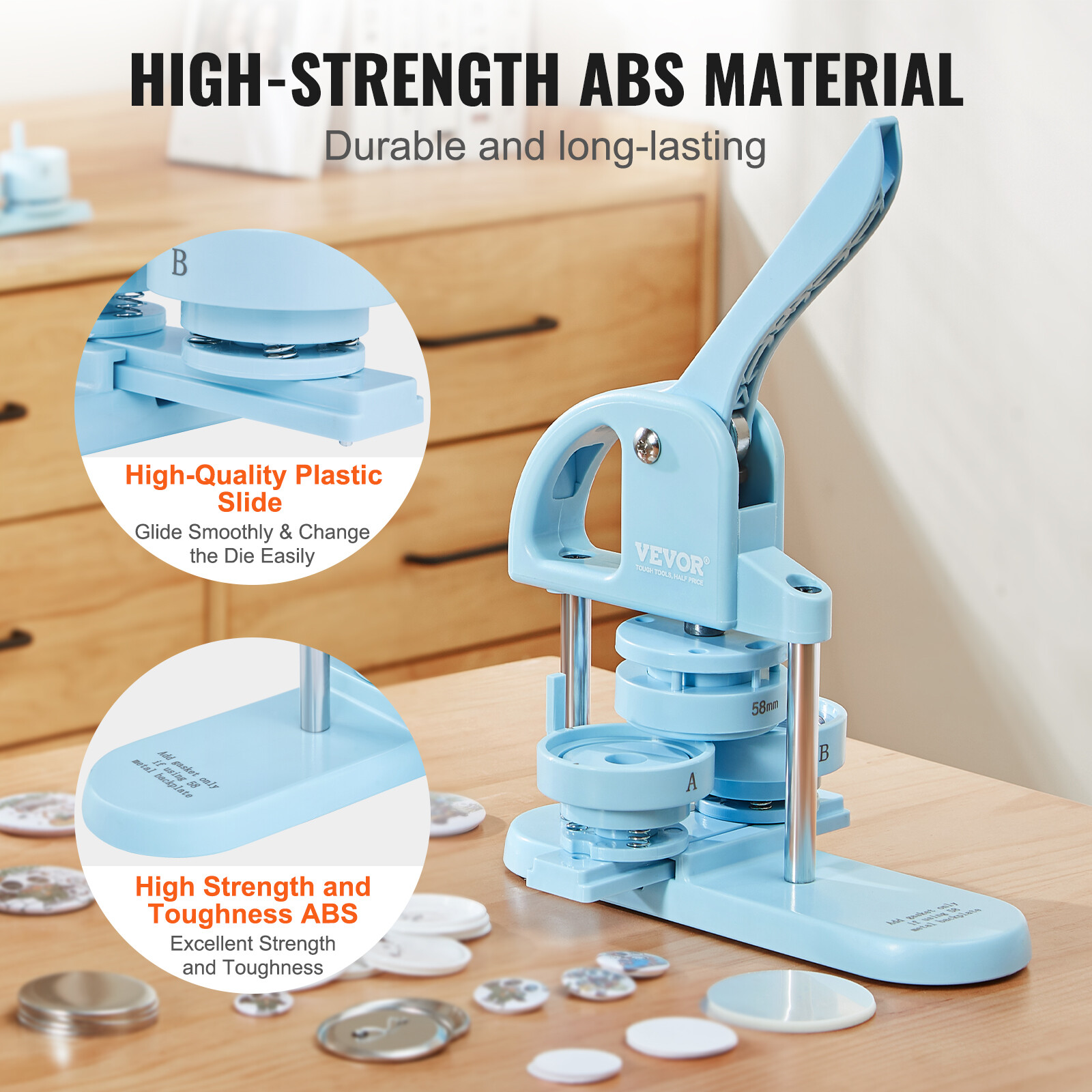 VEVOR Button Maker Machine Pin Badge Maker 1/1.25/2.28 inch 3-in-1 Blue for DIY