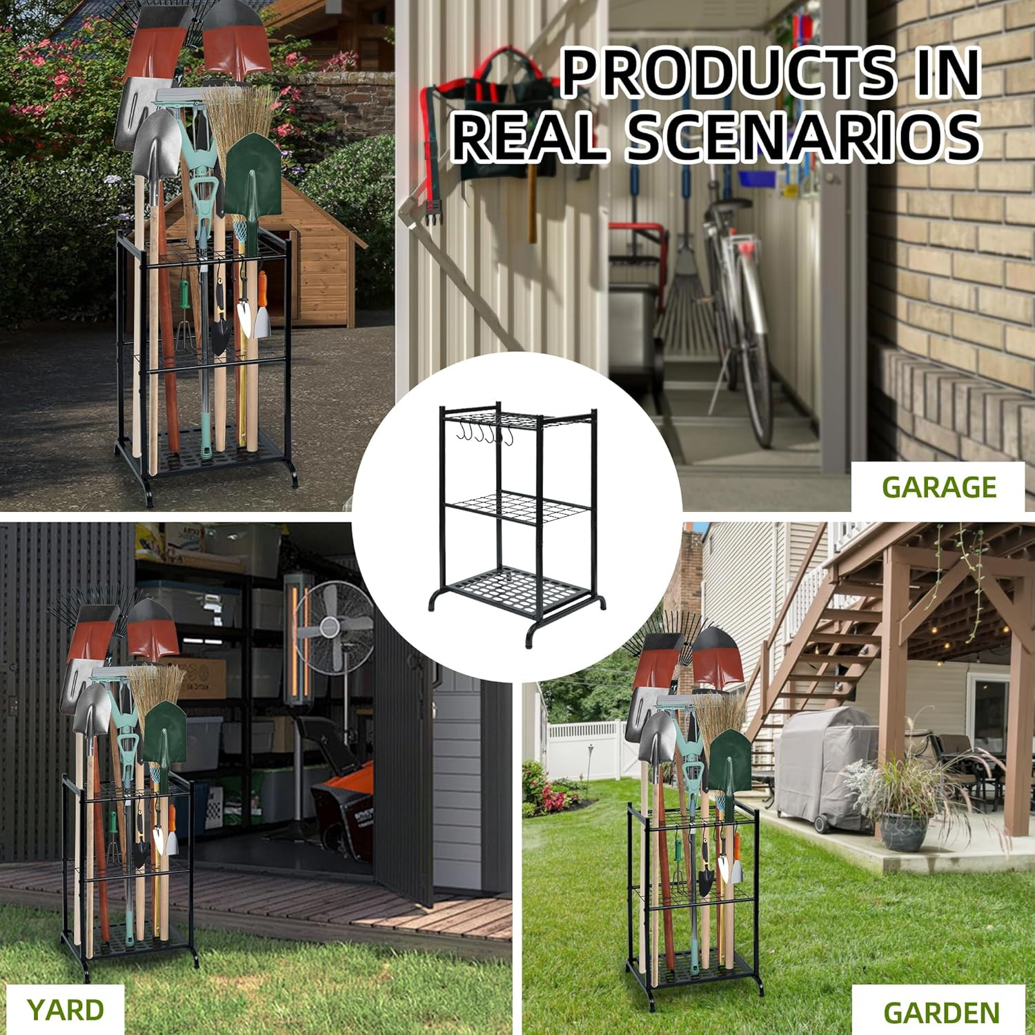 Garden Tool Organizer with Storage Hooks, Yard Tool Tower Rack for Garage Organi