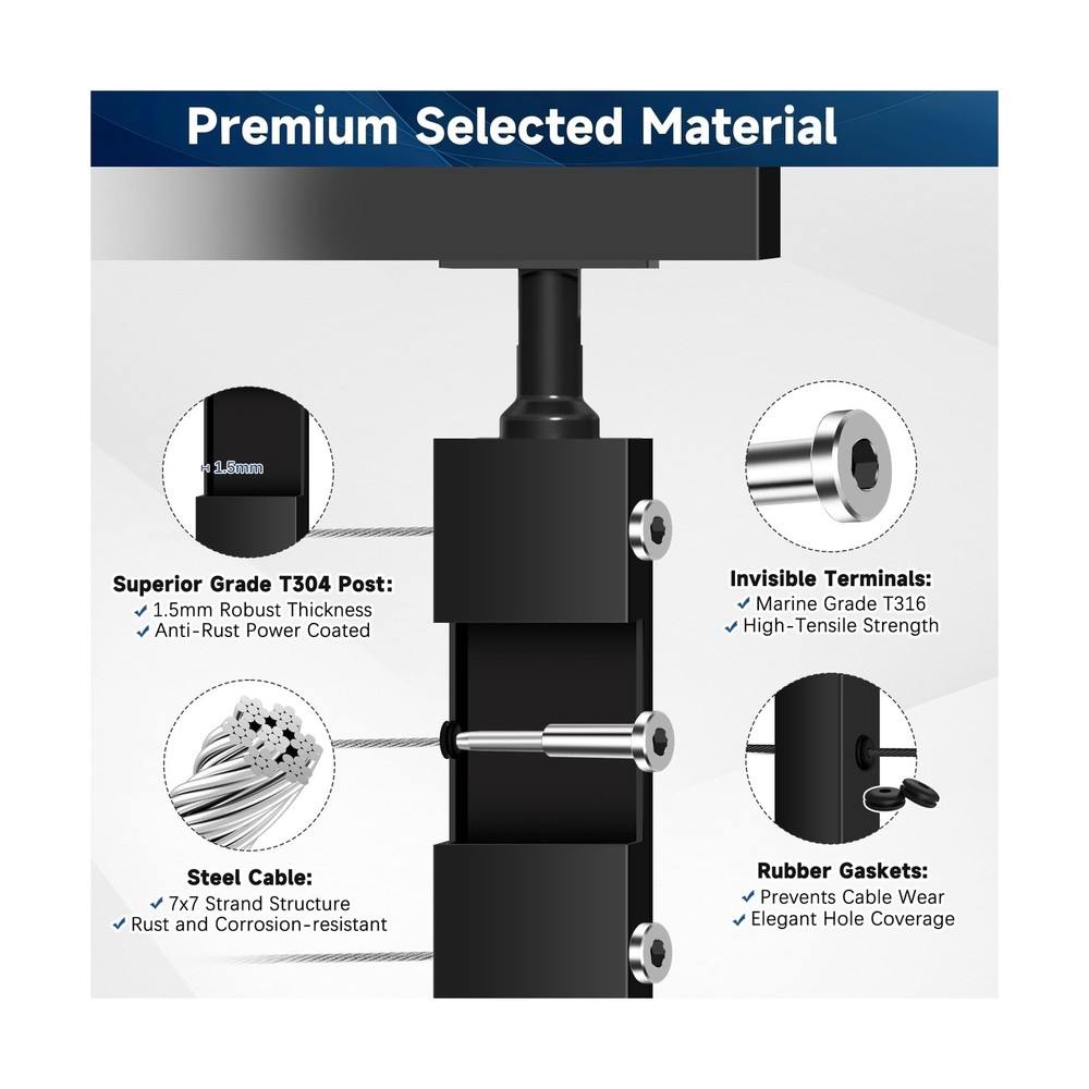 5Pack One-Stop Cable Railing Post Kits, 42" Adjustable Top Level Drilled Line...