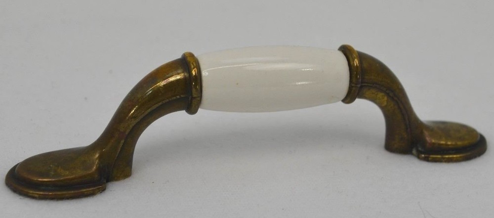 Vintage 70s Knob Brass Ceramic 3" pull door cabinet knobs kitchen hardware VTG