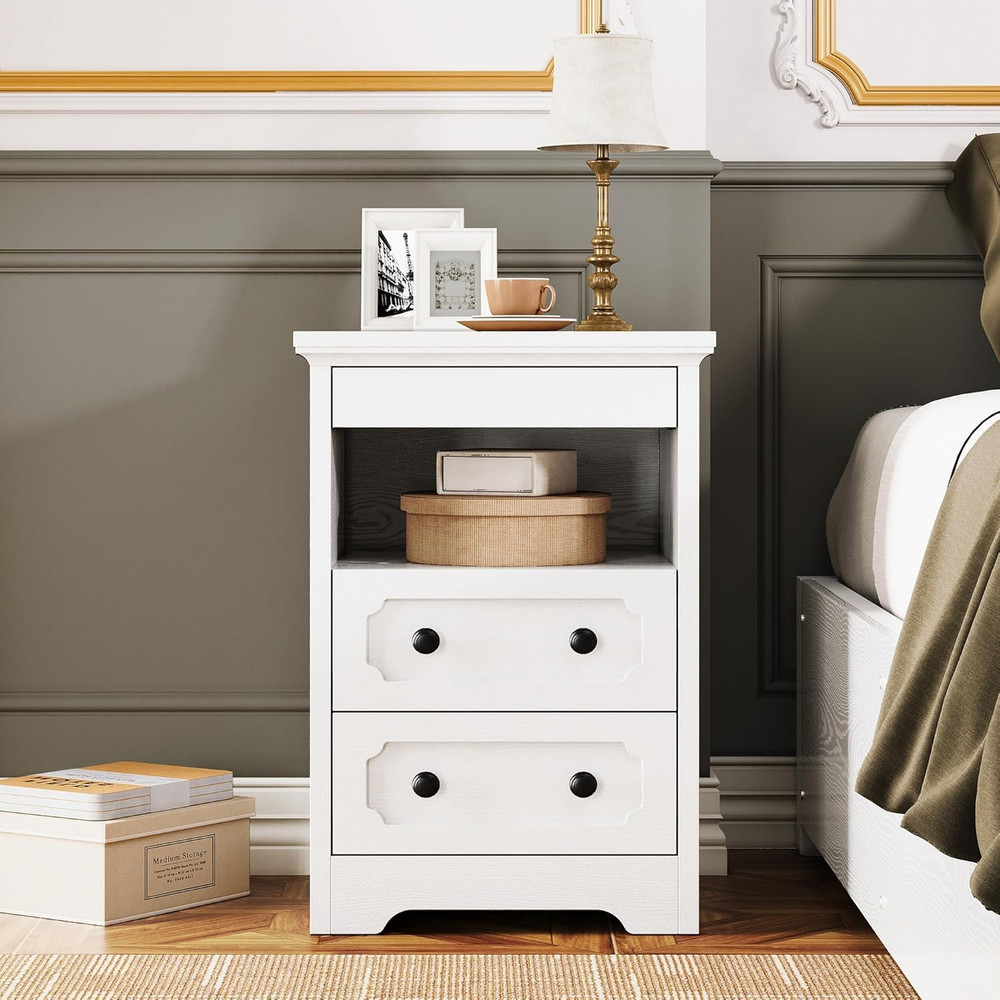 Night Stand, Modern Bedside Table with 2 Drawers, Open Shelf, End Table with Pul