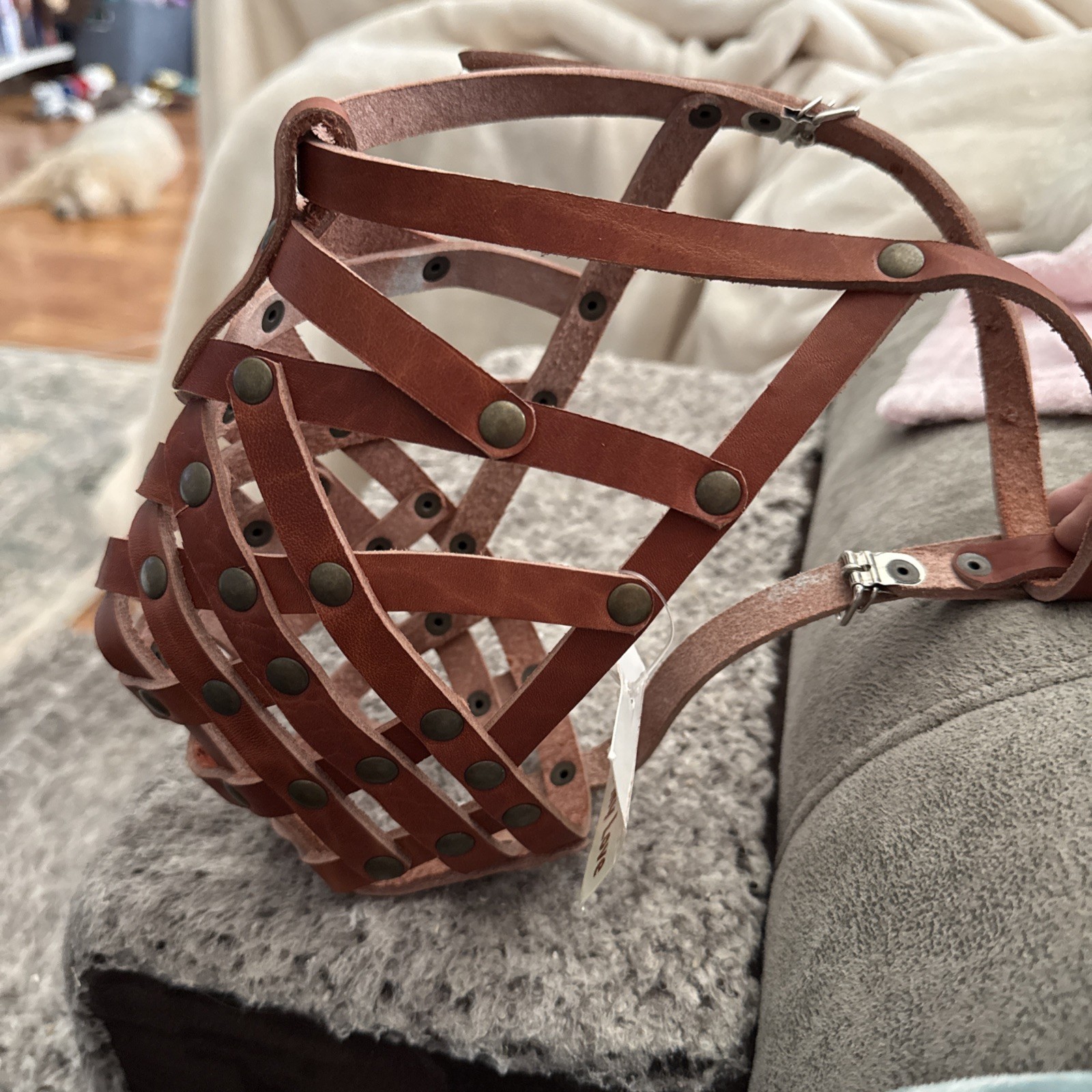 Secure Genuine Leather Basket Dog Muzzle  14" Circumference, 3" Snout Length