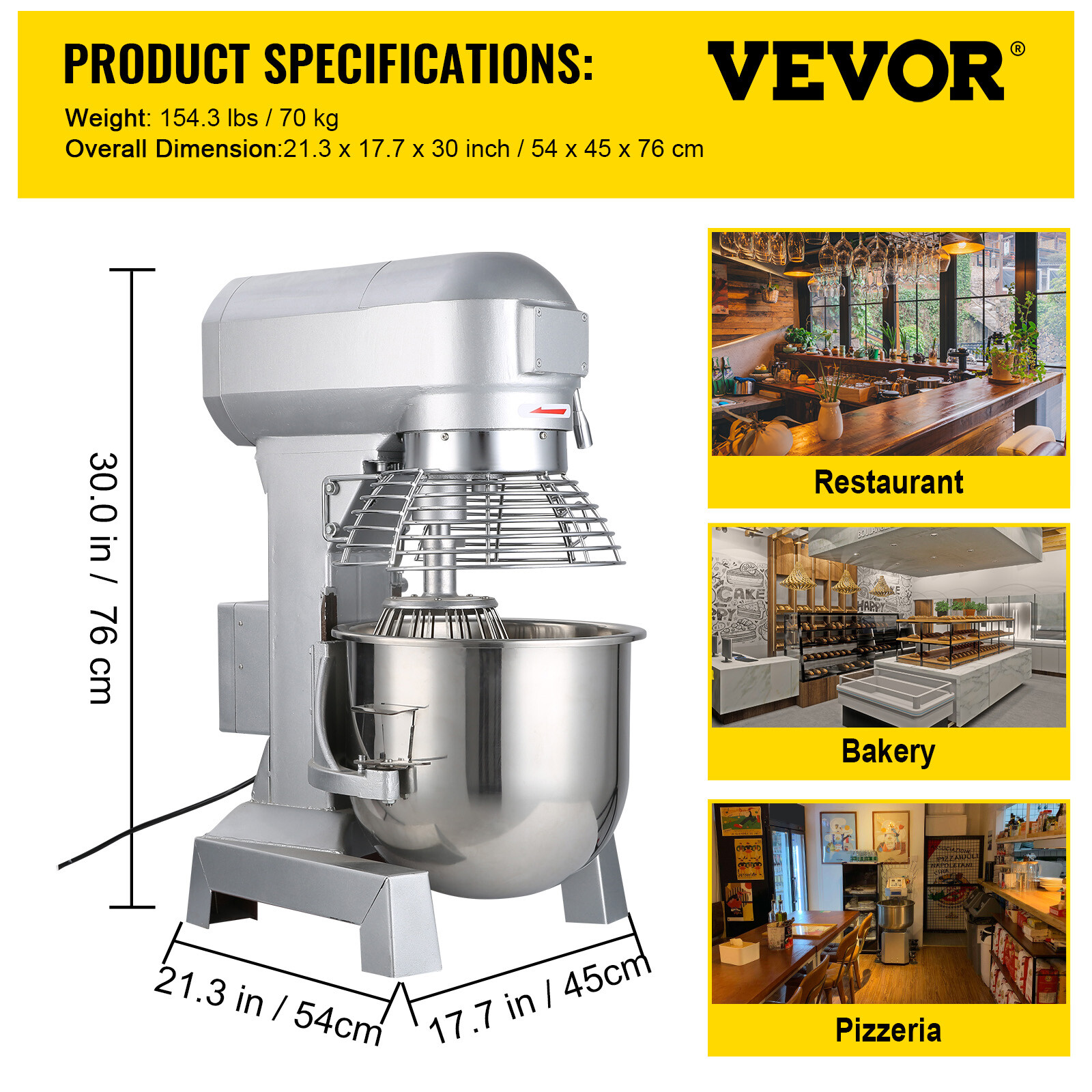 VEVOR Commercial 30Qt Dough Mixer Food Mixer Stand Bakery Mixer 3 Speeds 1100W