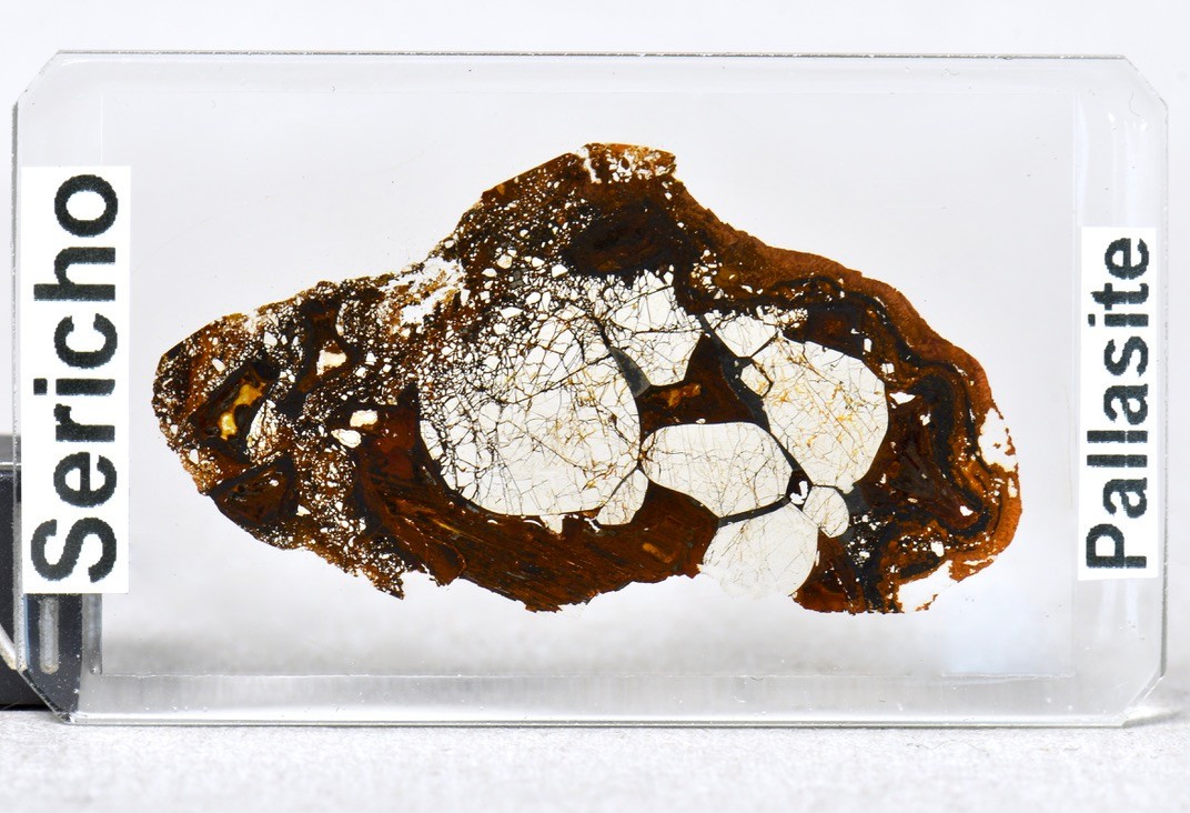 Meteorite SERICHO Pallasite RARE shredded olivine Microscope Slide Thin Section