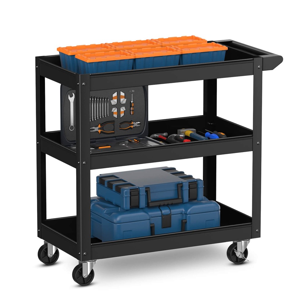 3-Layer Rolling Service Utility Cart with Flat Handle 2 Lockable Universal Wheel
