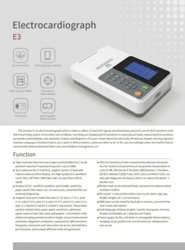 CONTEC E3 3-Channel 12-Lead ECG/EKG Machine w/ Printer & PC Software – Portable