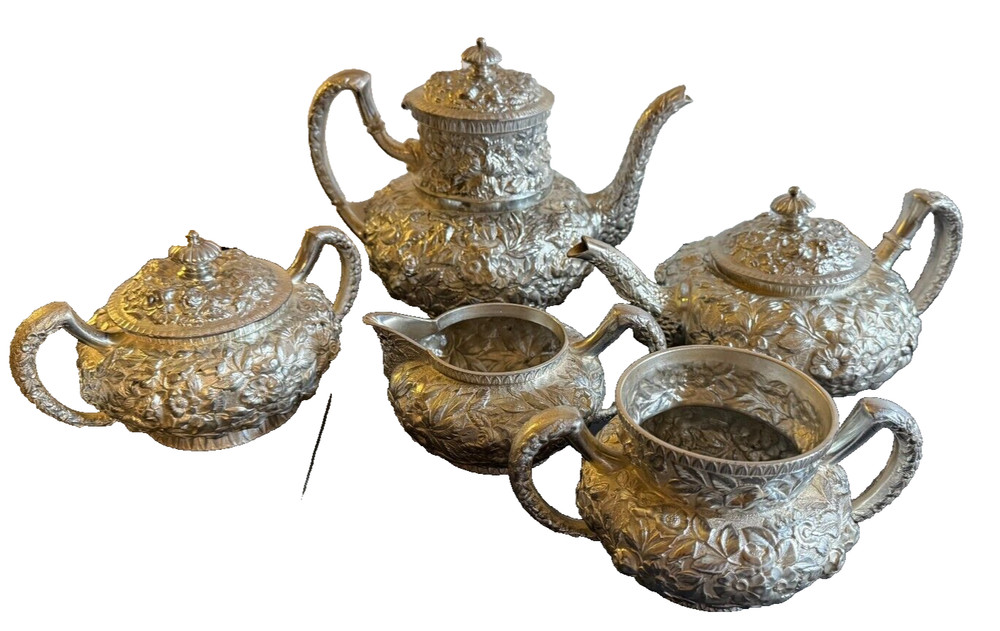 Rare American Quadruple Plate Repousse Five Piece Tea Set
