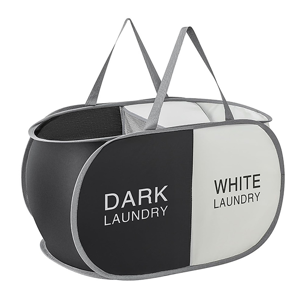 Pop Up Laundry Hamper 2 Section Collapsible Basket Black Beige Compartment