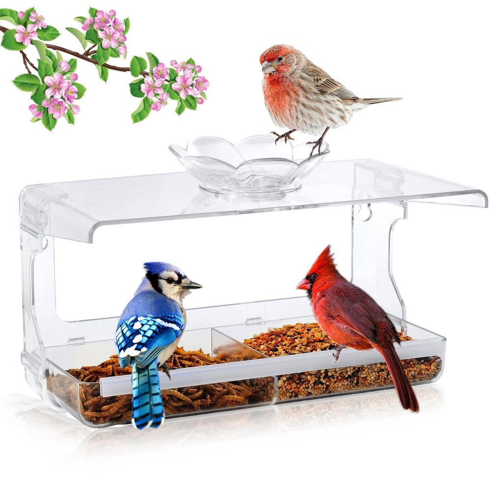 Window Bird Feeder with Non-Marking Self-Adhesive Hooks, Clear and Transparen...
