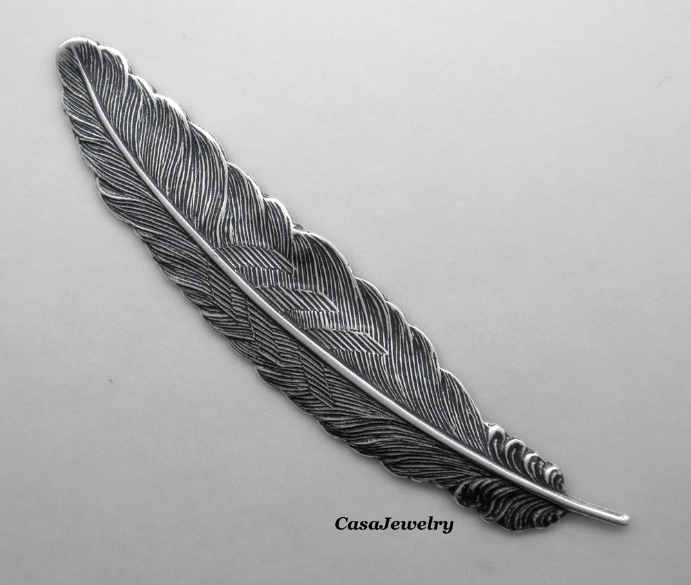 #2174 LONG ANTIQUED STERLING SILVER PLATED DETAILED FEATHER COMPONENT - 1 Pc
