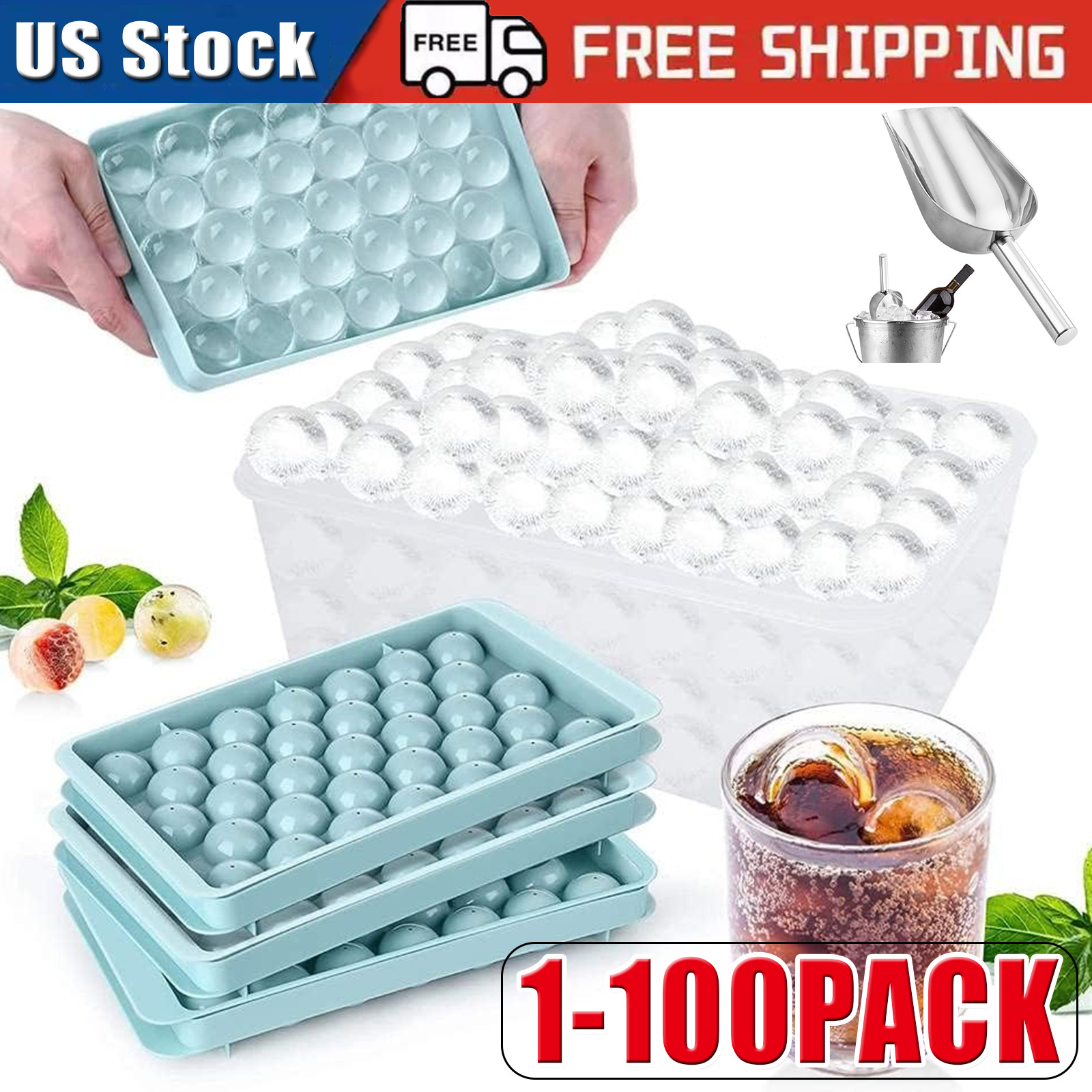 DIY Round Ice Cube Ball Maker PP Tray Silicone Sphere Mold Bar Whiskey Cocktails