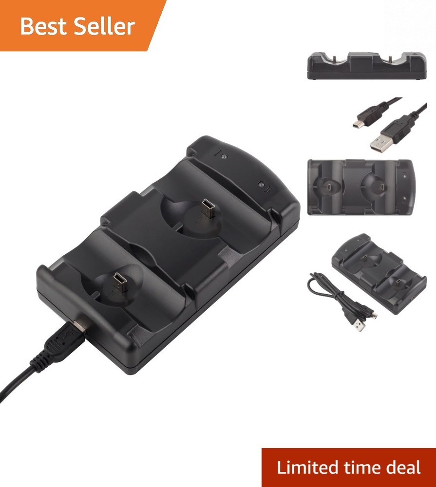 Black PS3 Controller Charging Station - Fast Charge with Built-in LED Indicator