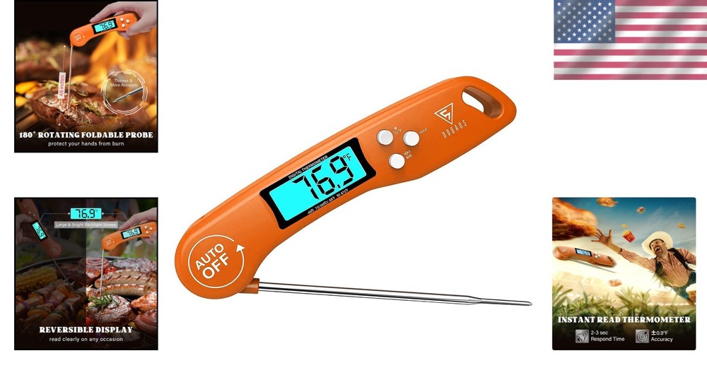 Instant Read Digital Meat Thermometer with Backlit Display - 4.6” Probe, Orange