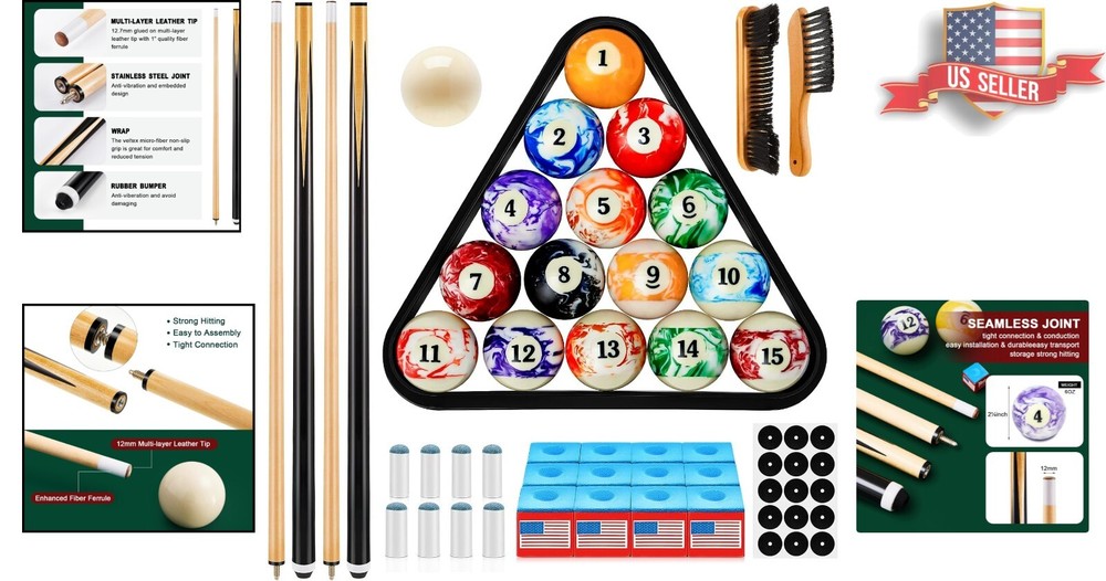 Complete Pool Table Accessory Set with Cue Chalks, Balls & Brushes - 71 Pieces