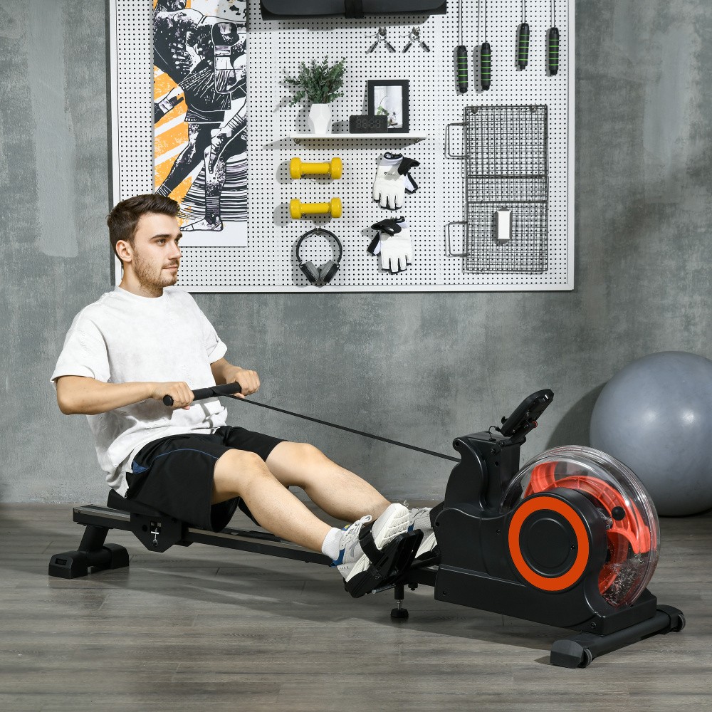 Folding Water Rower Machine w/ LCD, Adjustable Resistance & Wheels