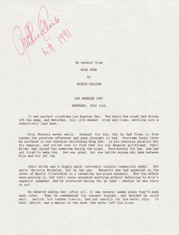 JACKIE (JACQUELINE JILL) COLLINS - TYPESCRIPT SIGNED 1991