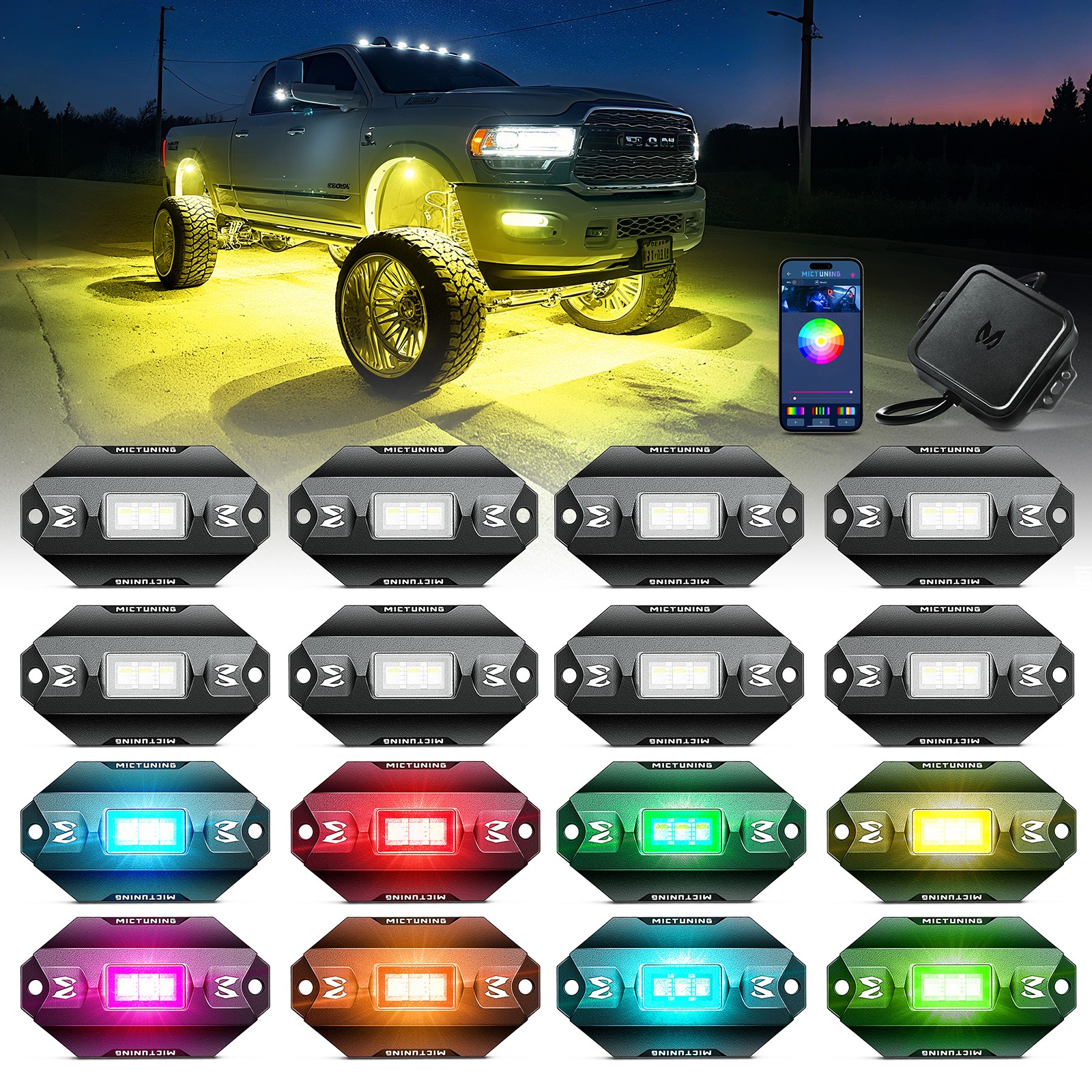 MICTUNING 16 Pods RGBW LED Rock Lights Kits, Underglow Neon Lights for Car Truck