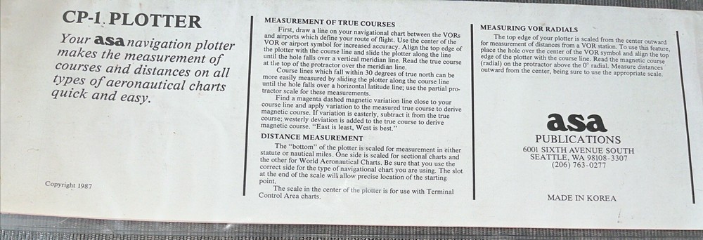 ASA Fixed Plotter ASA-CP-1 Nautical Miles Aeronautical Flight Route Navigation