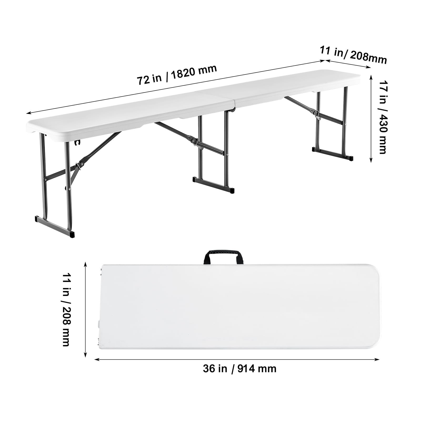VEVOR Plastic Folding Bench, 6ft Portable Folding Bench, Smooth High Density Pol