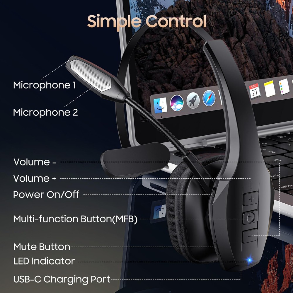 Trucker Bluetooth Headset, Wireless Headset with Mic, Bluetooth Headsets with...