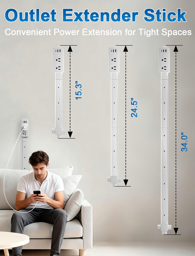 Electrical Outlet Extender Stick, Upgraded 4-Way Combination Plug Extender (6...